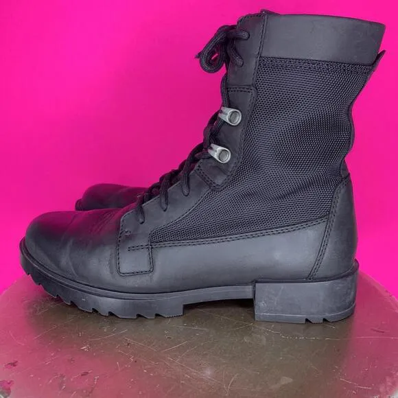 Sorel Emelie II Waterproof Black Leather Canvas Lace-Up Lug Sole Boot Sz 6.5