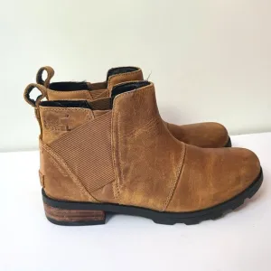 Sorel Emilie Womens Sz 5 Quiet Luxury Brown Leather Waterproof Shoes Ankle Boots