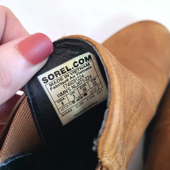 Sorel Emilie Womens Sz 5 Quiet Luxury Brown Leather Waterproof Shoes Ankle Boots