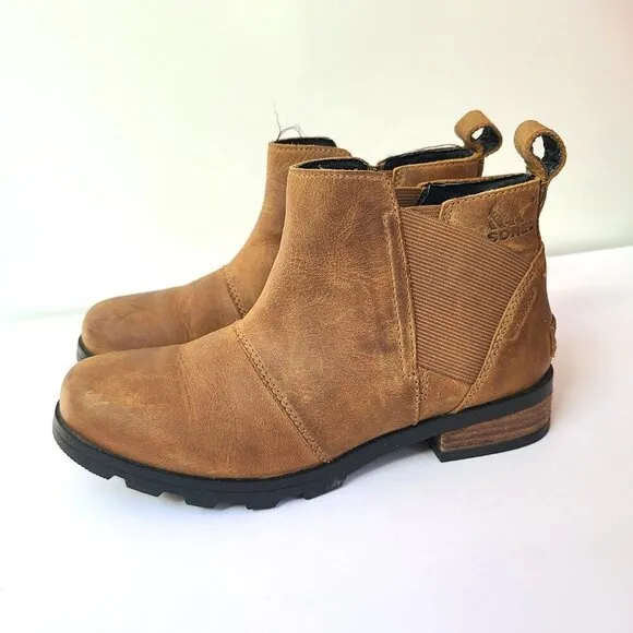 Sorel Emilie Womens Sz 5 Quiet Luxury Brown Leather Waterproof Shoes Ankle Boots
