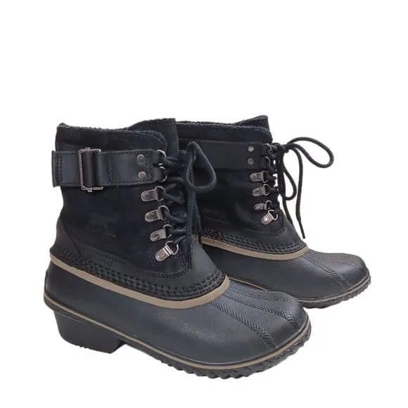 Sorel Fancy Lace Duck Boots Womens 7 Black Leather   Suede Waterproof Rubber
