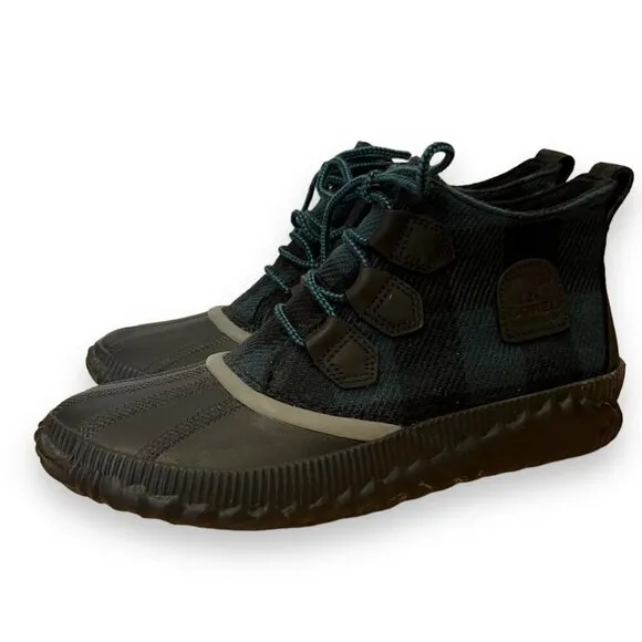 Sorel Green Plaid Out &amp; About Lace Up Ankle Hiking Duck Boots Size 9.5