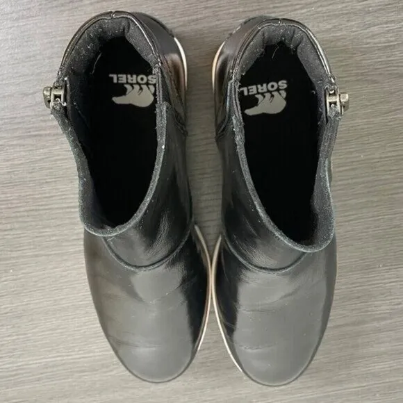 Sorel Harlow Women Black Patent Leather Ankle Booties 6 Waterproof Side Zipper