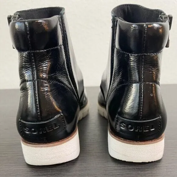 Sorel Harlow Women Black Patent Leather Ankle Booties 6 Waterproof Side Zipper