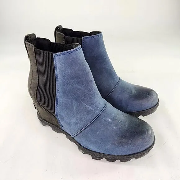 Sorel Joan of Arctic Wedge Chelsea Boots US 8.5 Blue Leather Ankle Booties Boot
