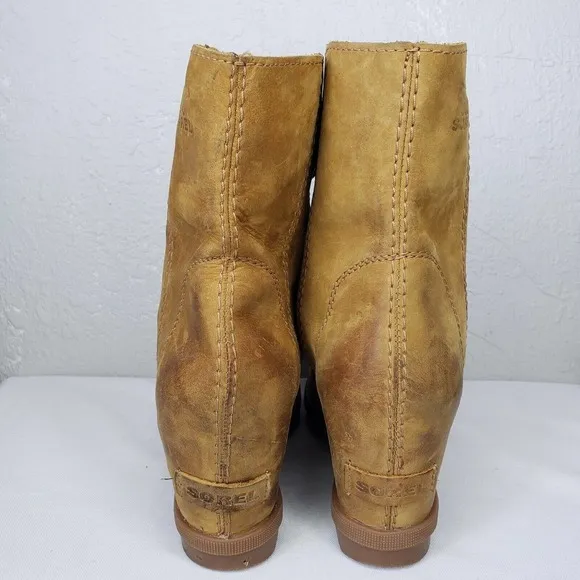 Sorel Joan Of Arctic Wedge II Camel Brown Leather Wedge Ankle Boots