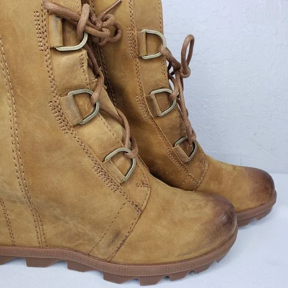 Sorel Joan Of Arctic Wedge II Camel Brown Leather Wedge Ankle Boots