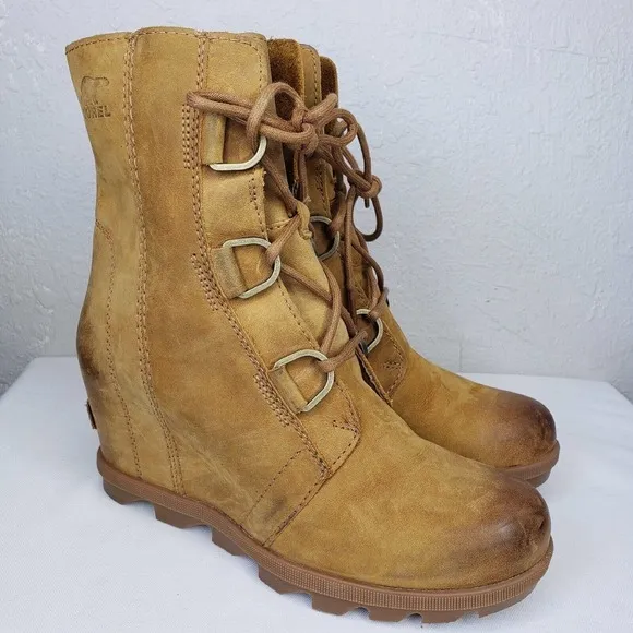 Sorel Joan Of Arctic Wedge II Camel Brown Leather Wedge Ankle Boots