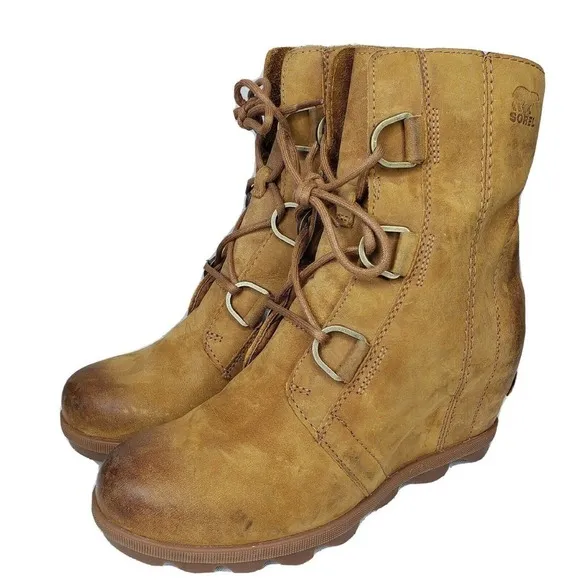 Sorel Joan Of Arctic Wedge II Camel Brown Leather Wedge Ankle Boots