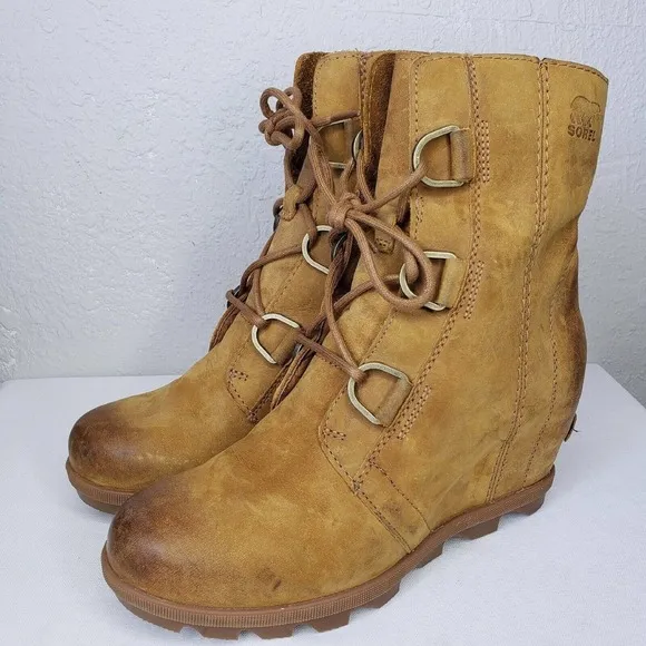 Sorel Joan Of Arctic Wedge II Camel Brown Leather Wedge Ankle Boots