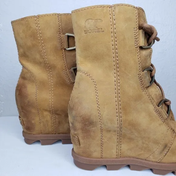 Sorel Joan Of Arctic Wedge II Camel Brown Leather Wedge Ankle Boots