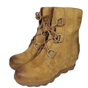 Sorel Joan Of Arctic Wedge II Camel Brown Leather Wedge Ankle Boots