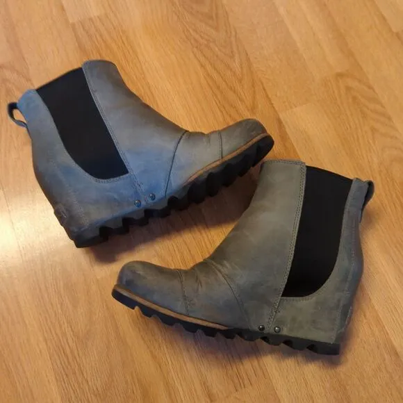 Sorel Lea Wedge Ankle Boots Womens 7 Gray Leather Slip On Waterproof Heel