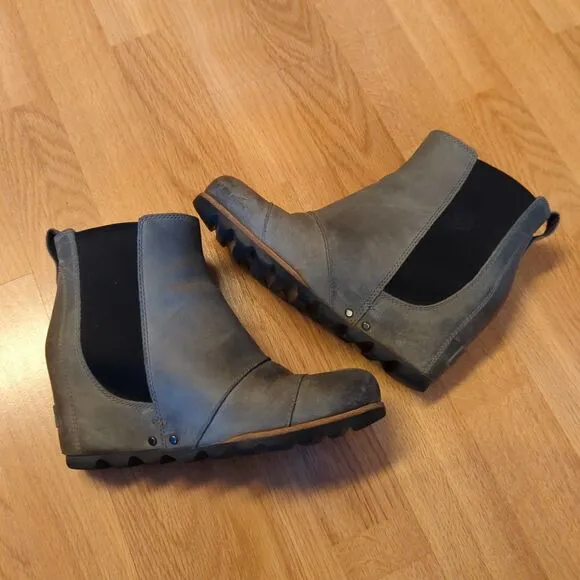 Sorel Lea Wedge Ankle Boots Womens 7 Gray Leather Slip On Waterproof Heel