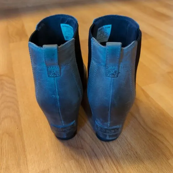 Sorel Lea Wedge Ankle Boots Womens 7 Gray Leather Slip On Waterproof Heel