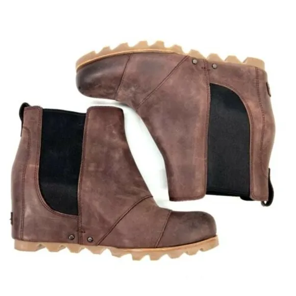 Sorel Lea Wedge Boots Burgundy Red Leather Ankle Booties Size 9 NL2704-628