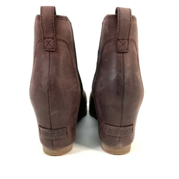 Sorel Lea Wedge Boots Burgundy Red Leather Ankle Booties Size 9 NL2704-628