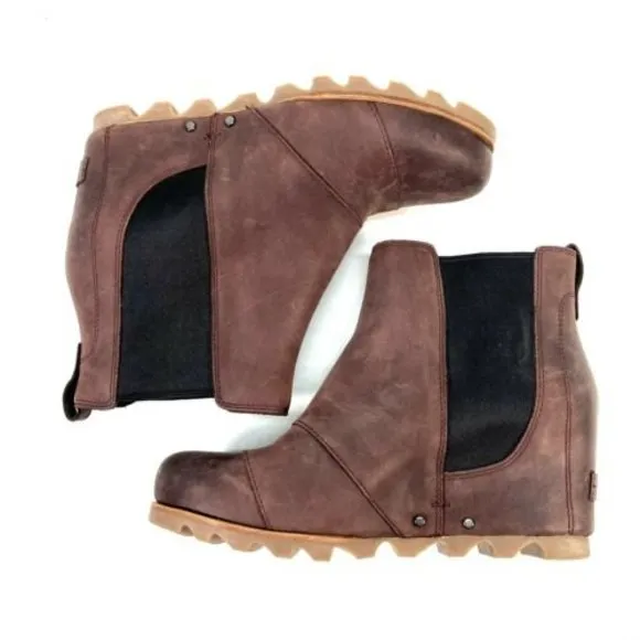 Sorel Lea Wedge Boots Burgundy Red Leather Ankle Booties Size 9 NL2704-628