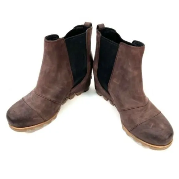 Sorel Lea Wedge Boots Burgundy Red Leather Ankle Booties Size 9 NL2704-628