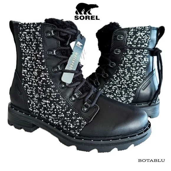 SOREL Lennox Cozy Moto Lace Up Black Fur Waterproof Winter Ankle Bootie Boots