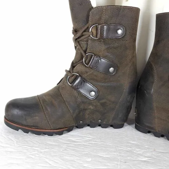Sorel Women's Joan of Arctic US 7,5 Brown Leather Lace Up Wedge Mid-Calf Boots