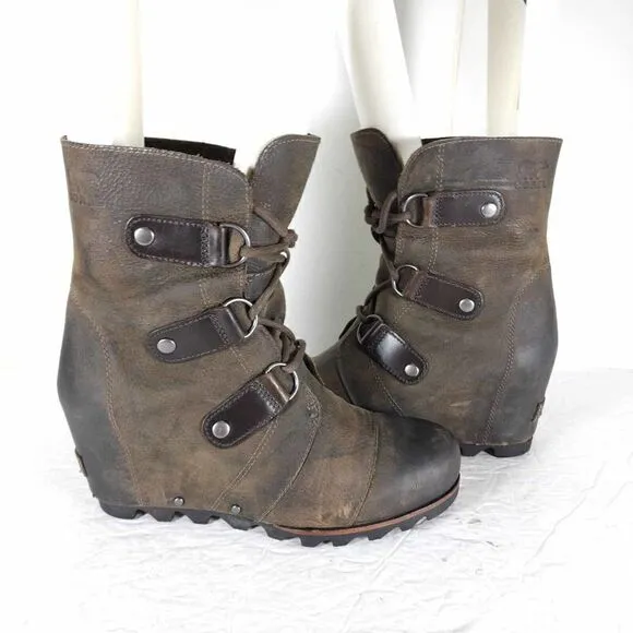 Sorel Women's Joan of Arctic US 7,5 Brown Leather Lace Up Wedge Mid-Calf Boots