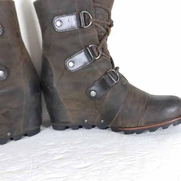 Sorel Women's Joan of Arctic US 7,5 Brown Leather Lace Up Wedge Mid-Calf Boots