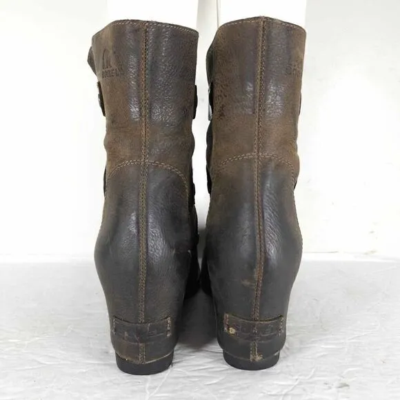 Sorel Women's Joan of Arctic US 7,5 Brown Leather Lace Up Wedge Mid-Calf Boots