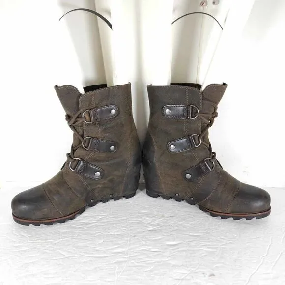 Sorel Women's Joan of Arctic US 7,5 Brown Leather Lace Up Wedge Mid-Calf Boots