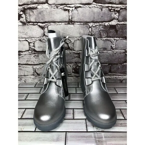 Sorel x Disney Joan of Arctic Metallic Silver Lace Wedge Frozen Boots Women 5/37