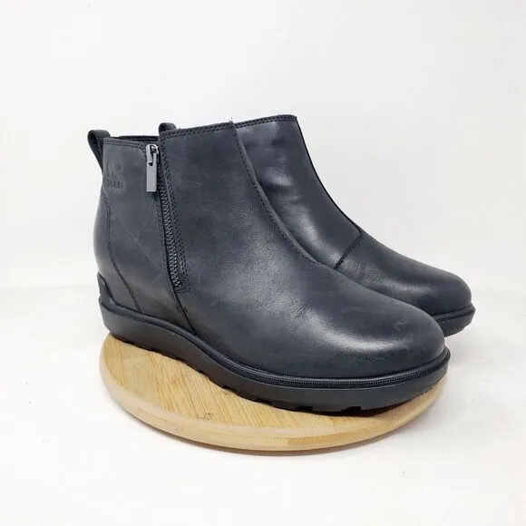 Sorel Evie II Boots Womens 9 Black Leather Hidden Wedge Heel Waterproof Shoes