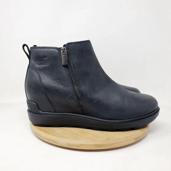 Sorel Evie II Boots Womens 9 Black Leather Hidden Wedge Heel Waterproof Shoes