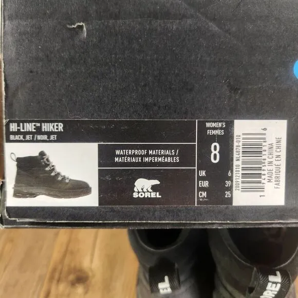 Sorel Hi-Line Hiker Womens Sz 7 Black Leater Waterproof Hiking Boots NL4878-010