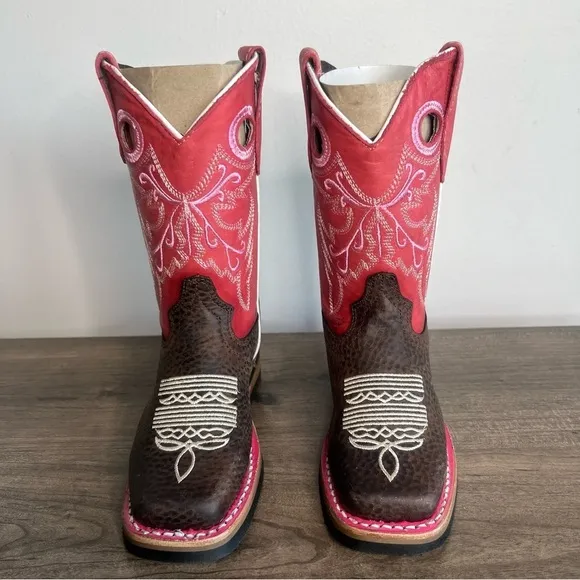 SOTO Boots Little Girls Square Toe Pink and Brown Cowgirl Boots Size 10