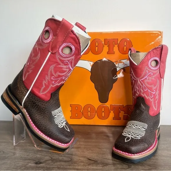 SOTO Boots Little Girls Square Toe Pink and Brown Cowgirl Boots Size 10