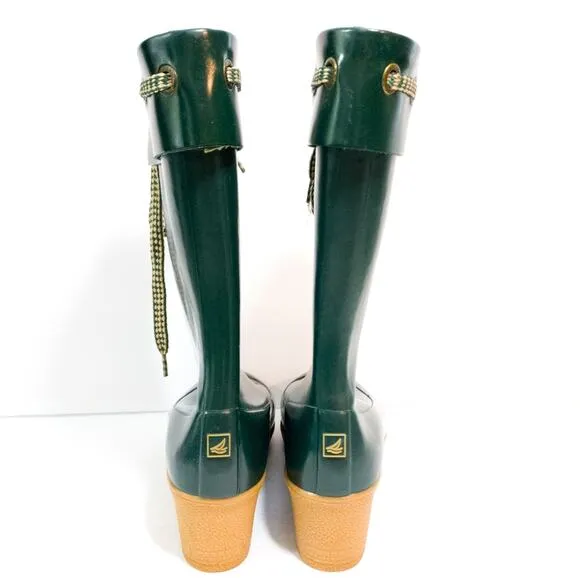 Sperry Top Sider hunter Green plarform wedge rain boots 10 worn once