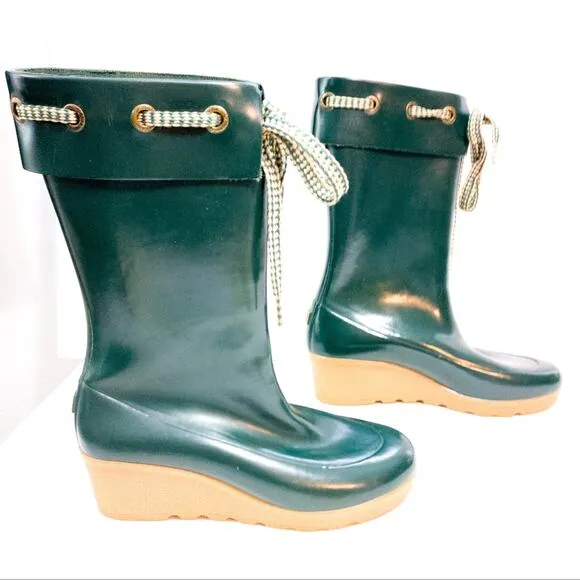 Sperry Top Sider hunter Green plarform wedge rain boots 10 worn once