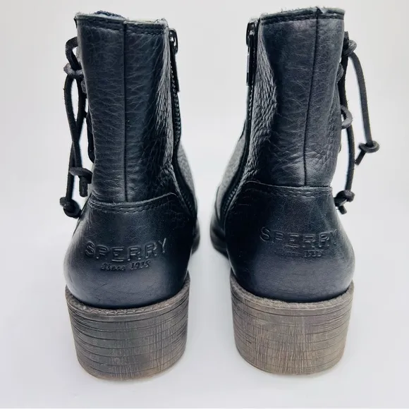 Sperry Top Sider Juniper Glyn Black Leather Side Lace Ankle Moto Boots Booties