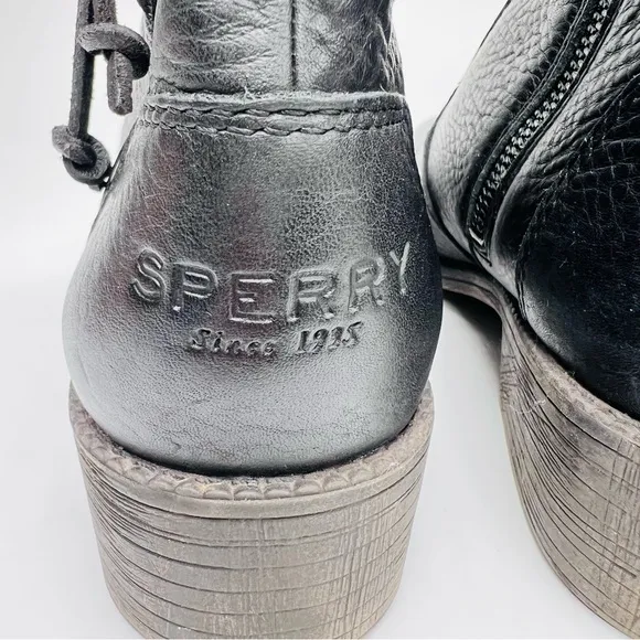 Sperry Top Sider Juniper Glyn Black Leather Side Lace Ankle Moto Boots Booties