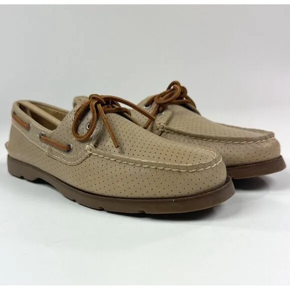 Sperry Top-Sider Leeward Off White 2-Eye Mens Wide Tan Perforated Boat Shoes