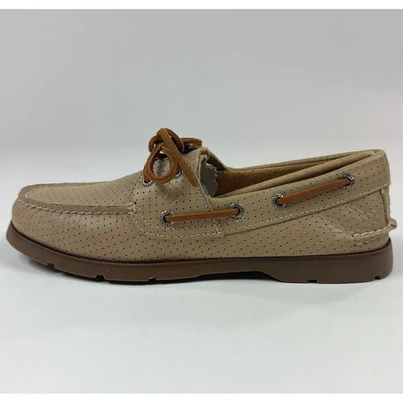 Sperry Top-Sider Leeward Off White 2-Eye Mens Wide Tan Perforated Boat Shoes