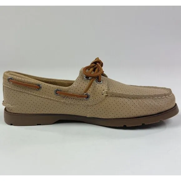 Sperry Top-Sider Leeward Off White 2-Eye Mens Wide Tan Perforated Boat Shoes