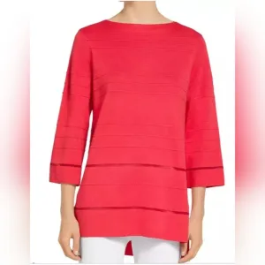 ST. JOHN Ottoman Stripe Knit Sweater in Apple, Red,Oversized, Women's Size Large