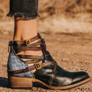 STAIR NAVY MULTI SZ 8 FREEBIRD BY STEVENLeather Ankle Boots with Straps &amp; Buckle