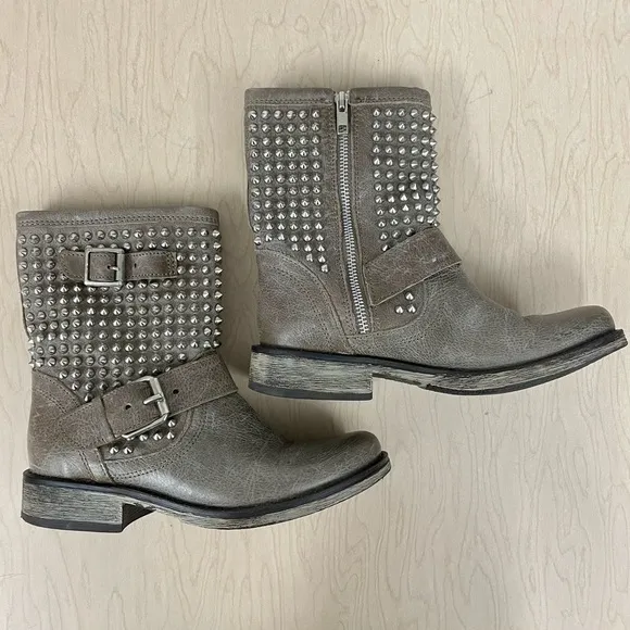 Steve Madden Boots Girls 6 Monicaa Leather Studded Stone Taupe Motorcycle Biker