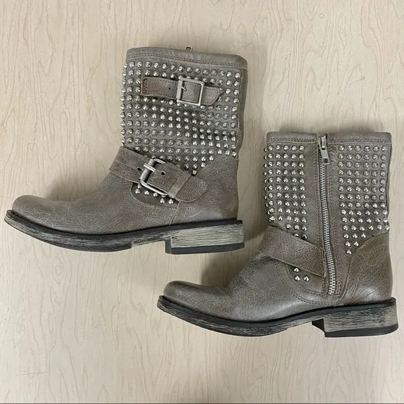 Steve Madden Boots Girls 6 Monicaa Leather Studded Stone Taupe Motorcycle Biker