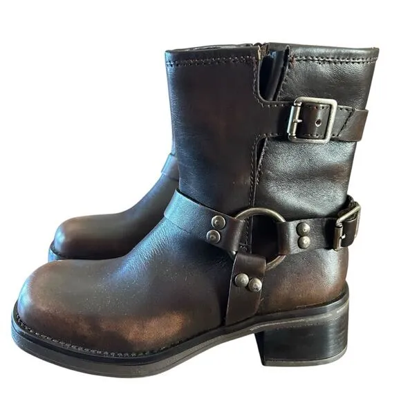 Steve Madden Brixton Brown Distressed Leather Harness Moto Boots NEW 6.5