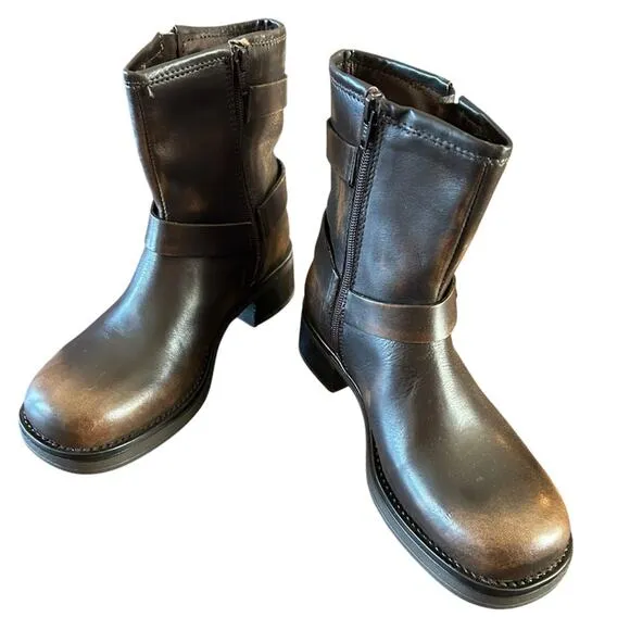 Steve Madden Brixton Brown Distressed Leather Harness Moto Boots NEW 6.5