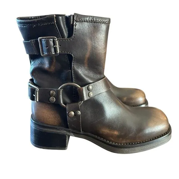 Steve Madden Brixton Brown Distressed Leather Harness Moto Boots NEW 6.5