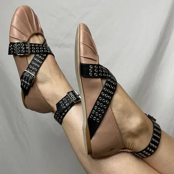 Steve Madden Bryar ballet flat grommet ankle strap shoes flats buckle pink black